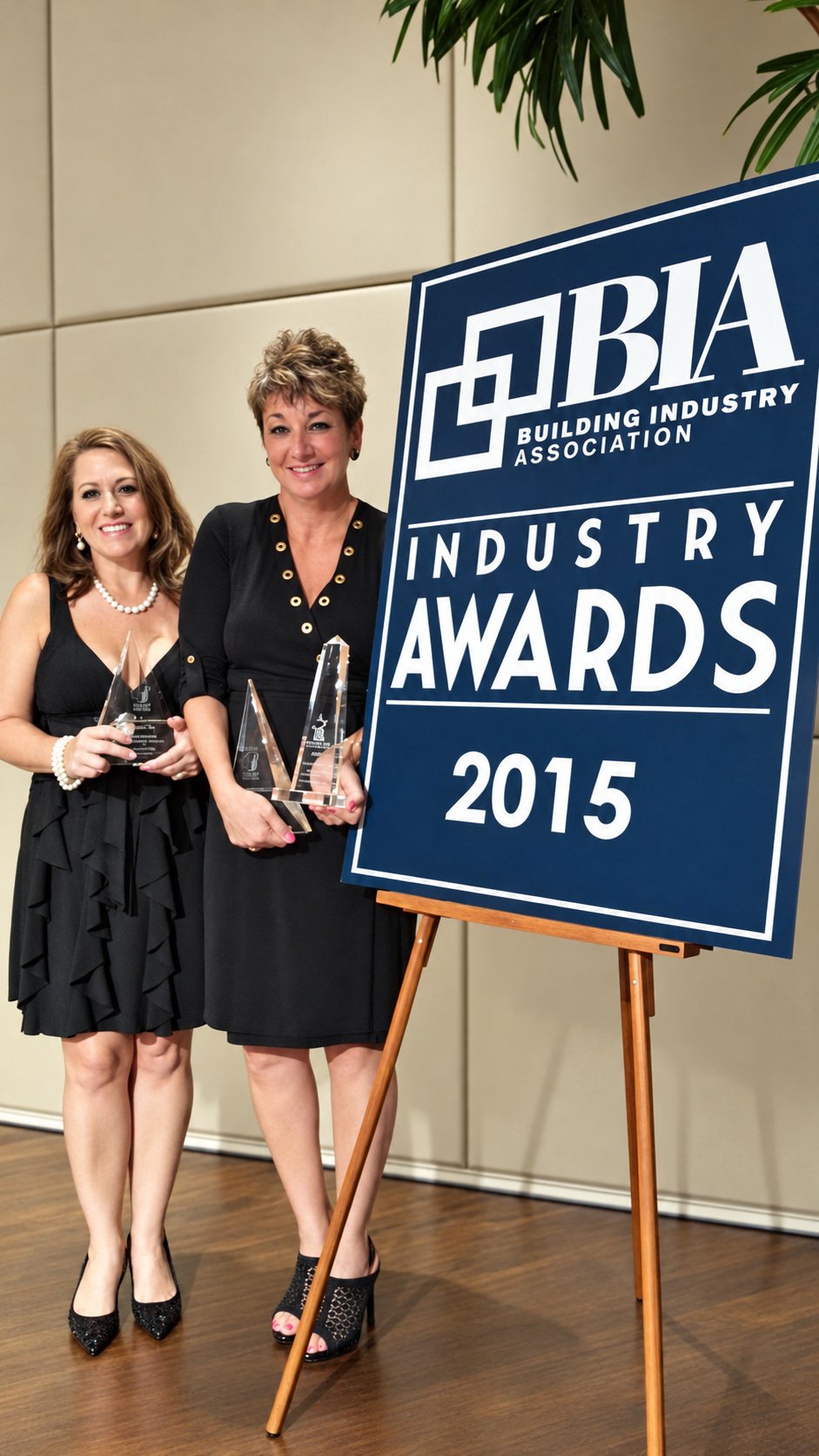 Denise Ward and Lori Christy beside the BIA Industry Awards 2015 sign